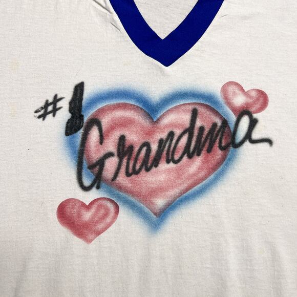 Vintage 80s Jerzees by Russell #1 Grandma Airbrushed Ringer T-Shirt White Heart - Picture 2 of 8